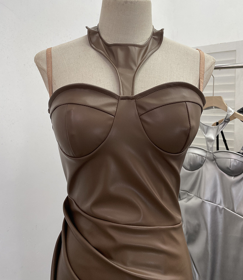 Chest Pad Halter Spaghetti Straps Dress Sexy Slim Fit Ruffle Hip Faux Leather Sexy 6 Chest Pad Halter Spaghetti Straps Dress Sexy Slim Fit Ruffle Hip Faux Leather Sexy
