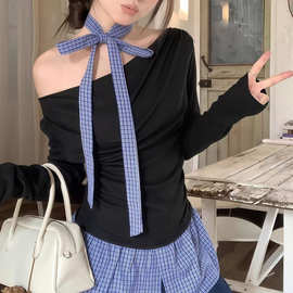 气质小众假两件露肩格子拼接长袖T恤女秋冬别致chic修身显瘦上衣