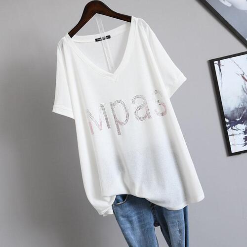 New Summer South Korean Style Fat Sister 2-300 Pounds Plus Size Loose Diamond-embellished V-neck Cover Stomach Short-sleeve T-shirt Top for Women