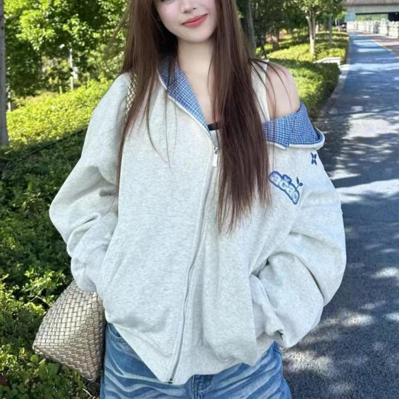 美式复古格子拼接字母刺绣开衫连帽卫衣男女2025新款潮牌情侣外套|undefined