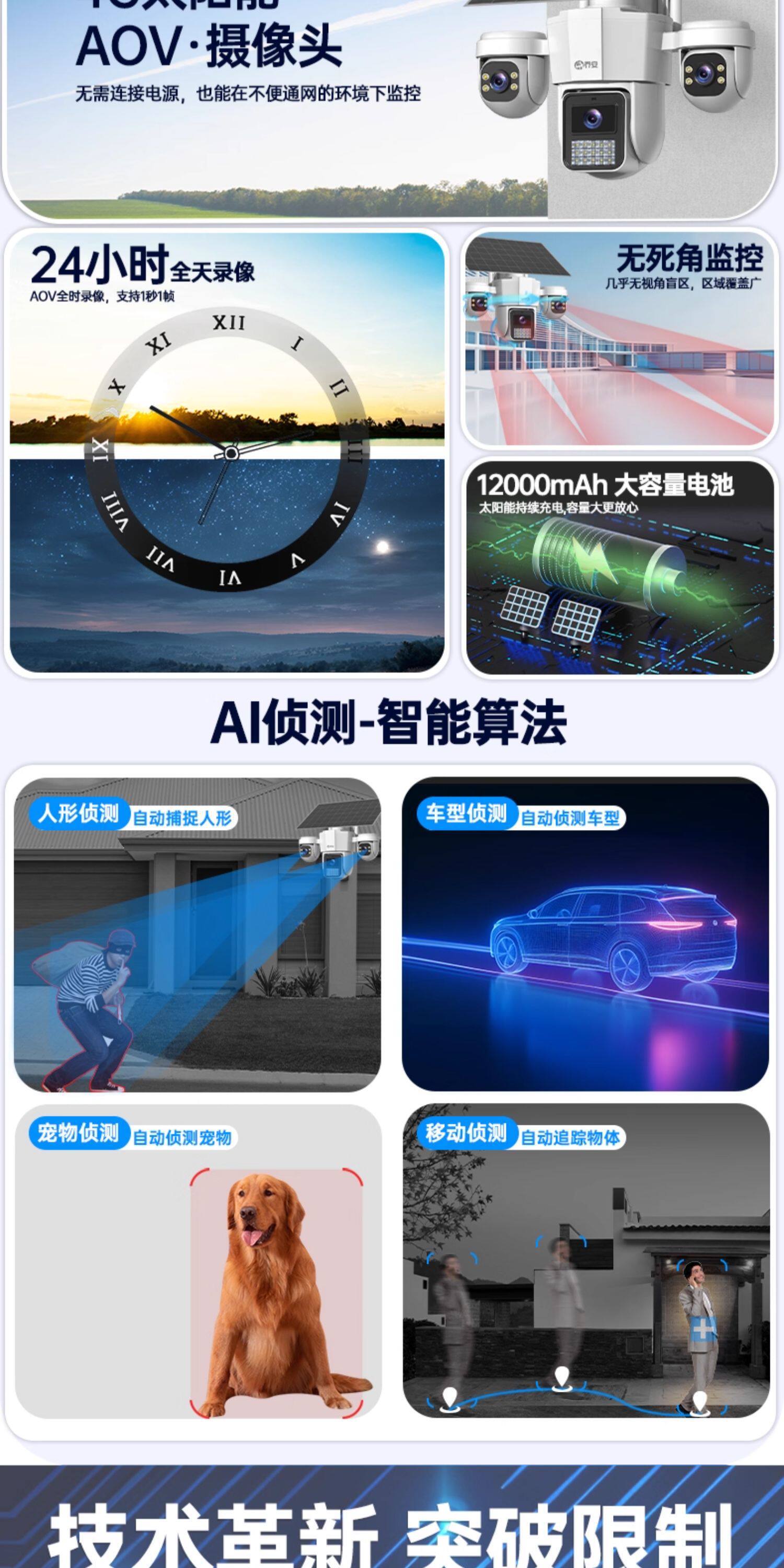 Solar Powered Surveillance Camera 360 Degree No Blind Spots Mobile Remote Outdoor HD Night Vision 4G Wireless No Power No Network