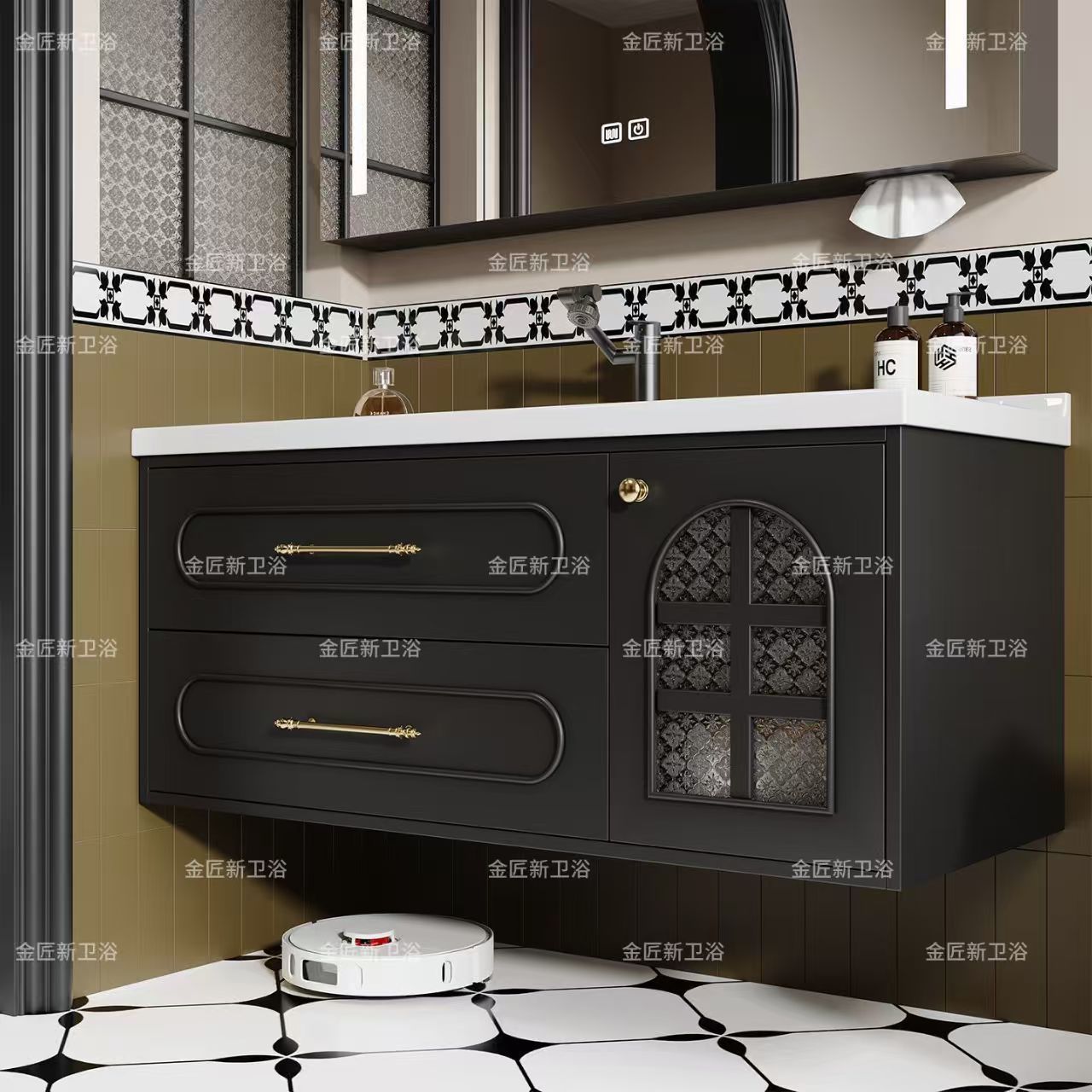 French Retro Bathroom Cabinet Combination Ceramic Integrated Basin Washstand Antique Style Bathroom Solid Wood Wash Basin