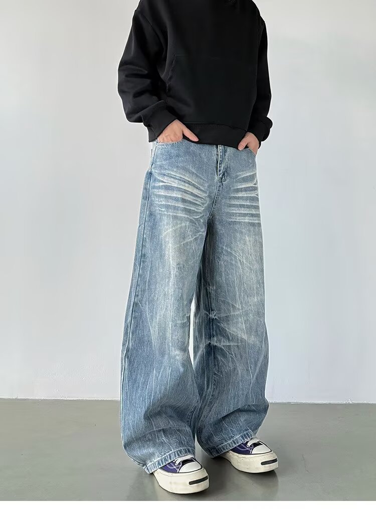 Wide Leg Denim Jeans With Lightning Bolt Pattern For Men And Women_voghion.com