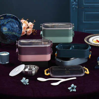 304不锈钢双层提手饭盒带汤碗午餐盒可定制学生上班族便携便当盒|ms