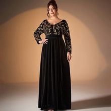 黑色舞会连衣裙2025冬季V领长袖派对主持礼服修身大码成人礼服女