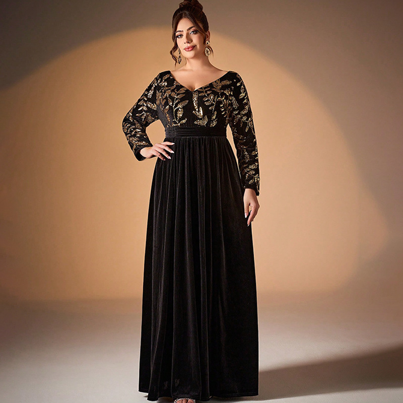 Black Prom Dress 2025 Winter V Neck Long Sleeve Party Host Dress Slim Plus Size Adult Dress Women