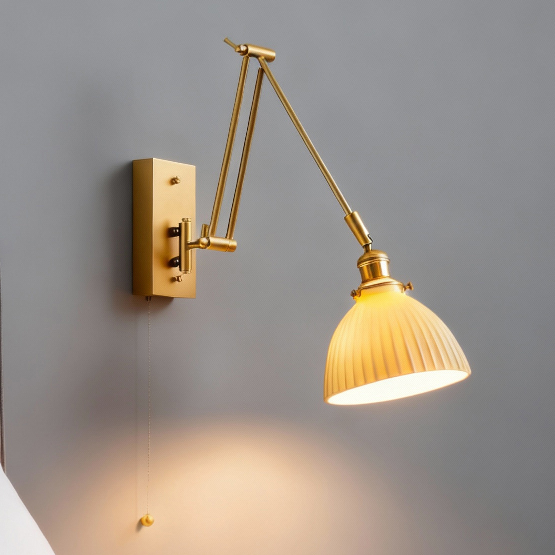 Scandinavian Copper Natural Color Ceramic Wall Lamp Spotlight Wabi-Sabi Style Long Arm Foldableing Study Indoor Bedroom Bedside Lighting Wall Lamp