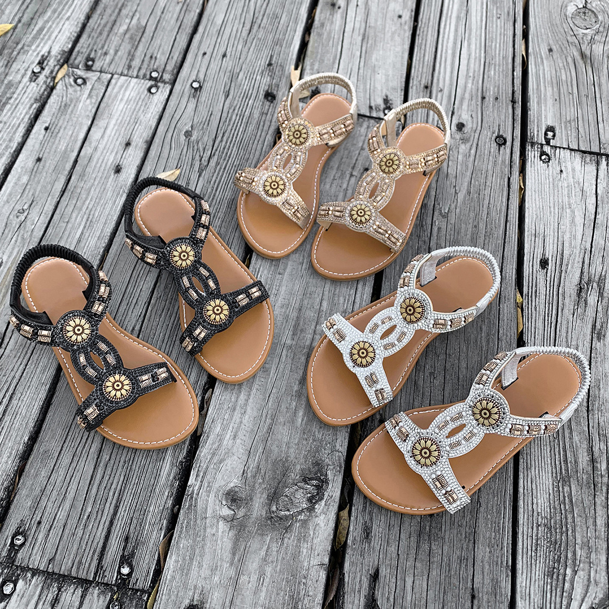 Bohemian 2024 Sommer Neue Perlen Wasser Diamant Bull Muscle Sohle Anti rutsch Schwangere frauen Schuhe Strand Sandalen_voghion.com