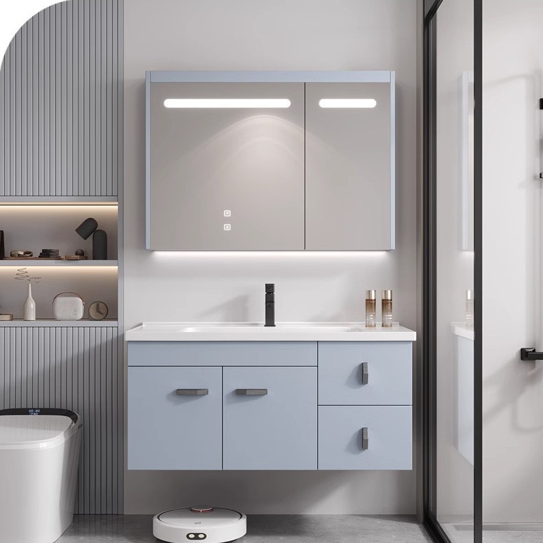 Gabinete de baño de acero inoxidable azul simple combinación de cerámica en una bañera lavabo gabinete