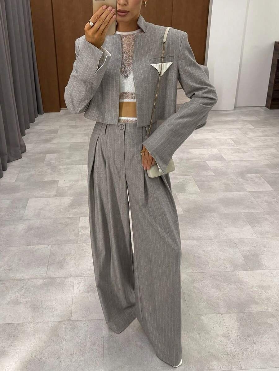 2025 Autumn New Gray Striped Suit Set for Women, High-End Elegant Wide-Leg Pants Two-Piece Set