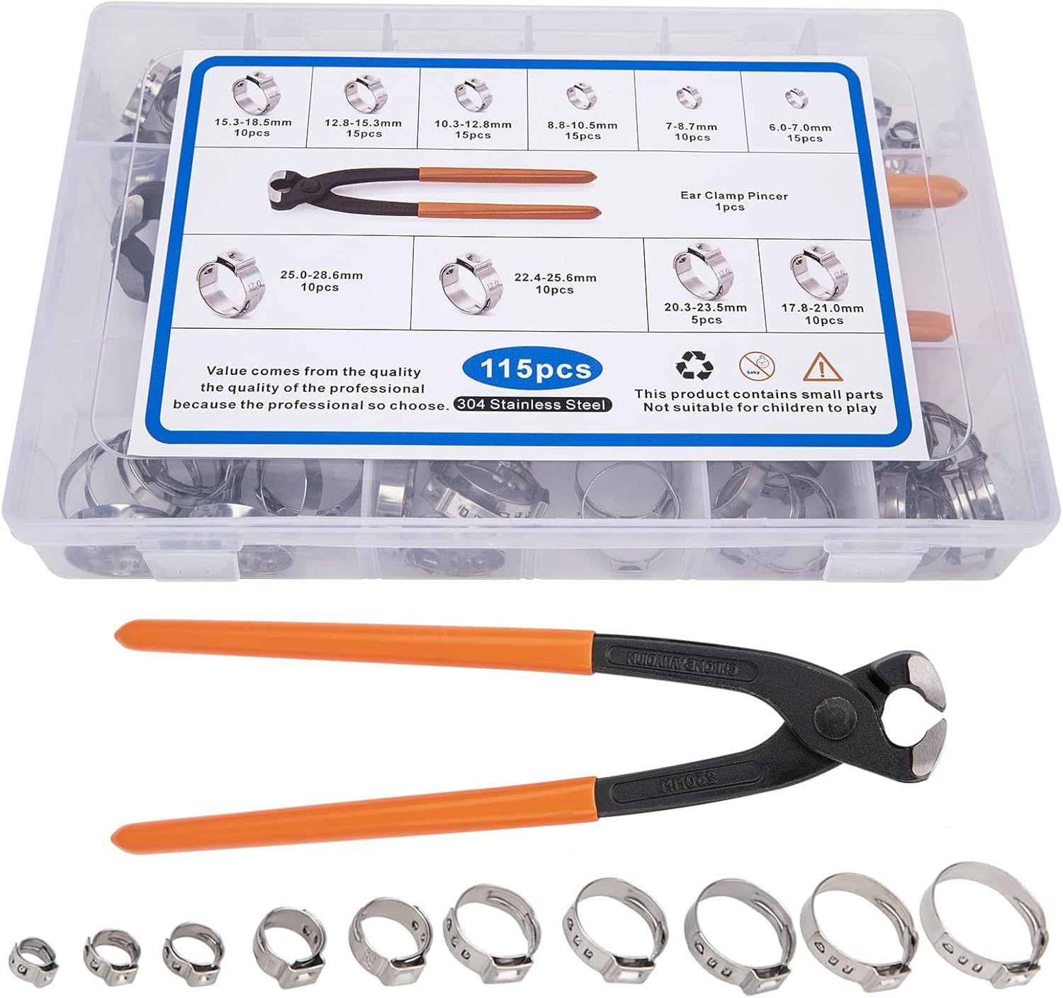 Single Ear Hose Clamps - 115 pcs, 10 Sizes, 304 Stainless St