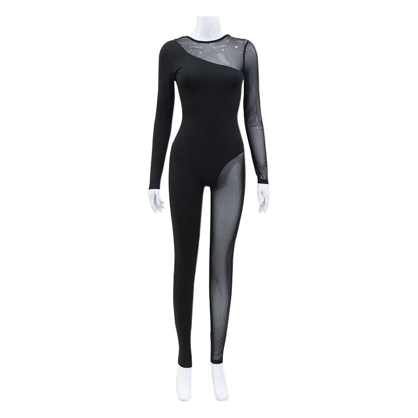 Ropa de mujer europea y americana Transfronteriza Popular malla costura perspectiva apretada sexy pantalones de manga larga sin respaldo mono de color sólido para mujeres