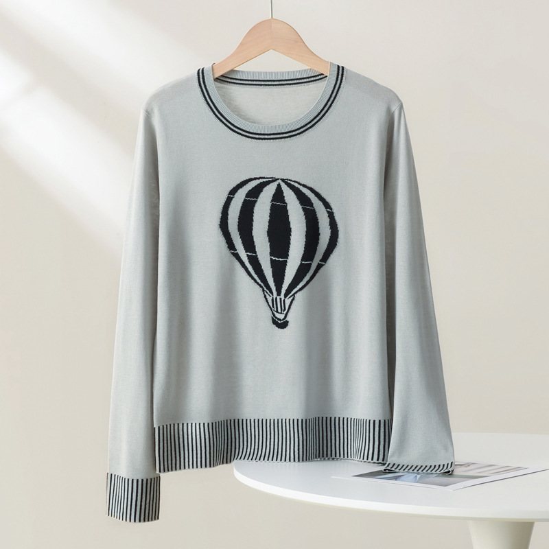 25 Years New Fiber Queen Worsted 100% Mulberry Silk Round Neck Hot Air Balloon Pattern Knitwear Silk Pullover