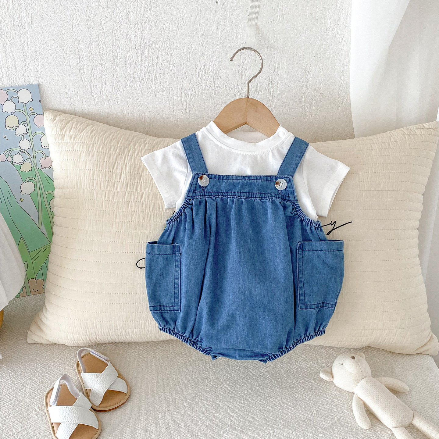 Summer New Korean Style Infant Solid Color Short-Sleeve Top + Suspender Romper Two-Piece Dopamine Outfit