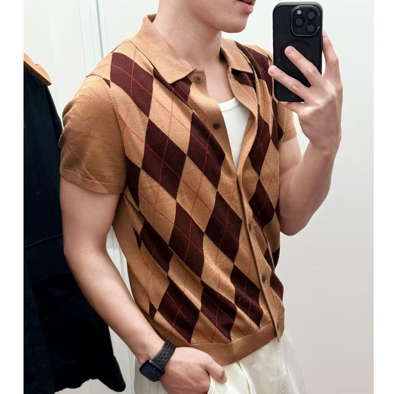 High-Quality Men's and Women's Clothing, Wool-Blend Collared Knit Polo Cardigan, Merino Short-Sleeve Sweater 488333