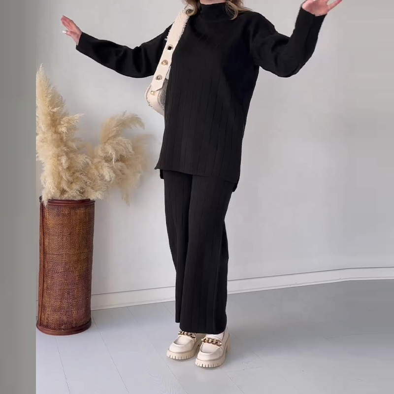 Damenbekleidung Herbst neue Mode einfarbig Rundhals mittlere Länge beiläufiger lockerer Pulloveranzug_voghion.com