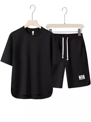 【Seven Color Options】Summer Short Sleeve Set Men's Crew Neck T-Shirt High-End Solid Color Half Sleeve Fashion Open Hem Five-Finger Pants