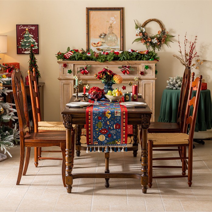 Christmas tea cup with blue background + navy blue tassel