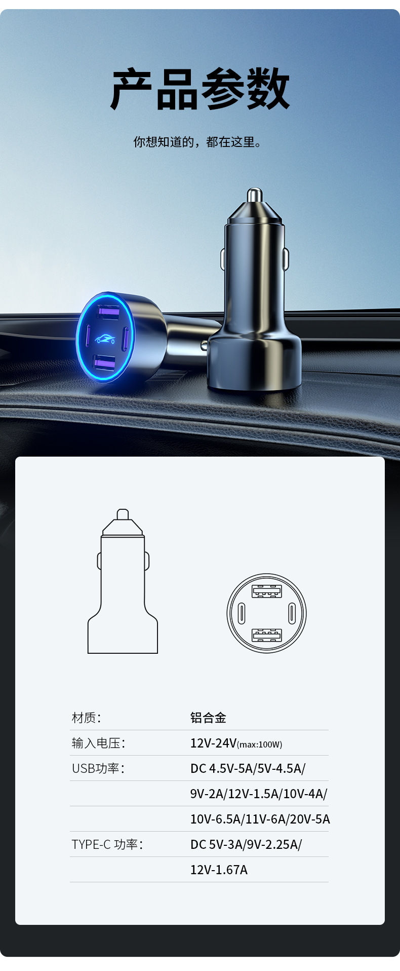 U4 Smart Car Charger 120W Multi-Port Fast Charging Dual-Color Car Charging Head Wholesale in Stock
