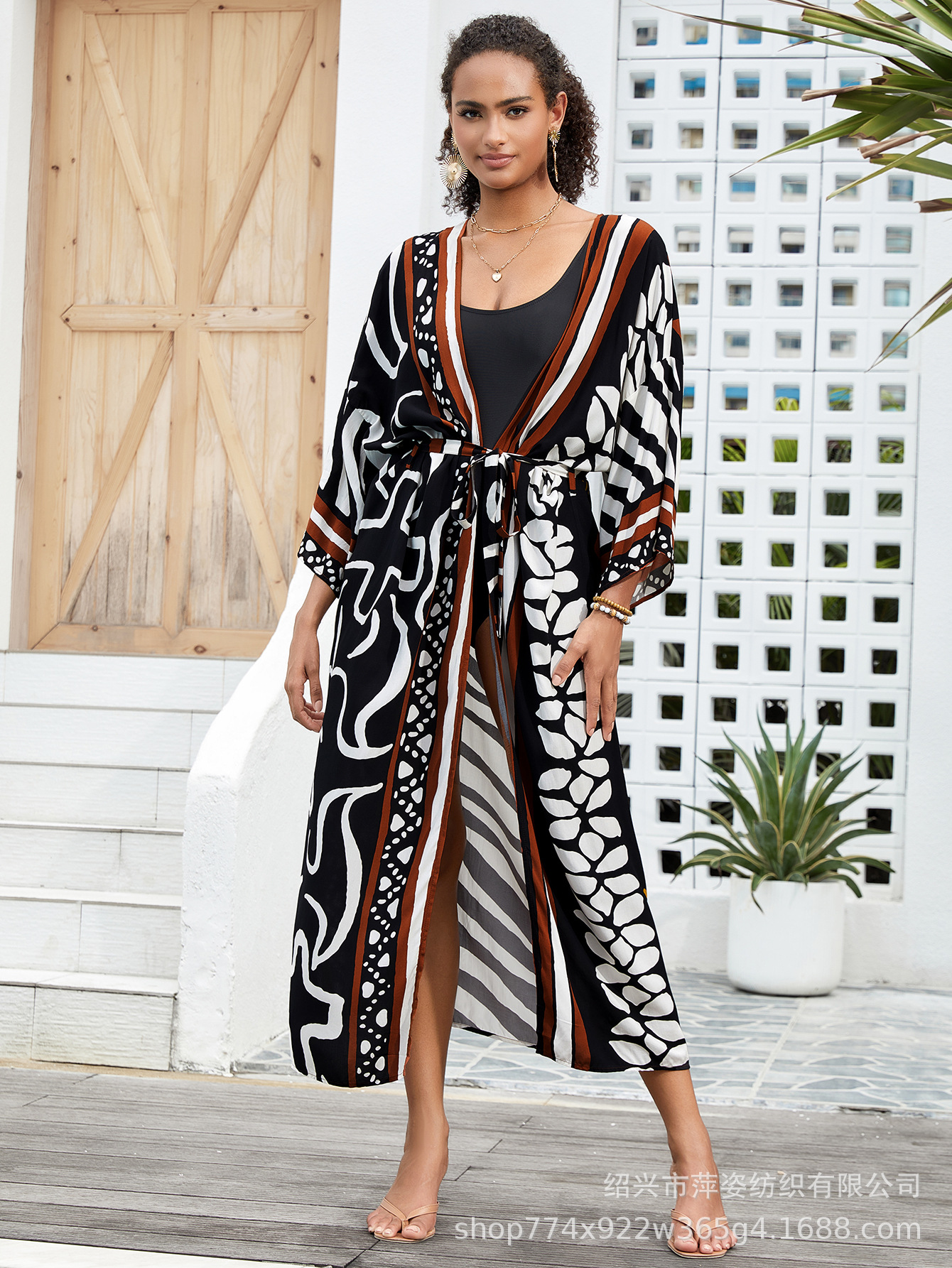 Blusa de playa Cárdigan con estampado de rayón Cárdigan largo bohemio Bikini Protector solar Camisa en traje de baño B006