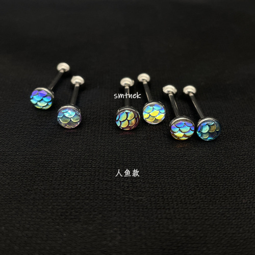 ins hot European and American popular titanium steel multi-color mermaid lin zircon tongue nail external thread stainless steel piercing jewelry