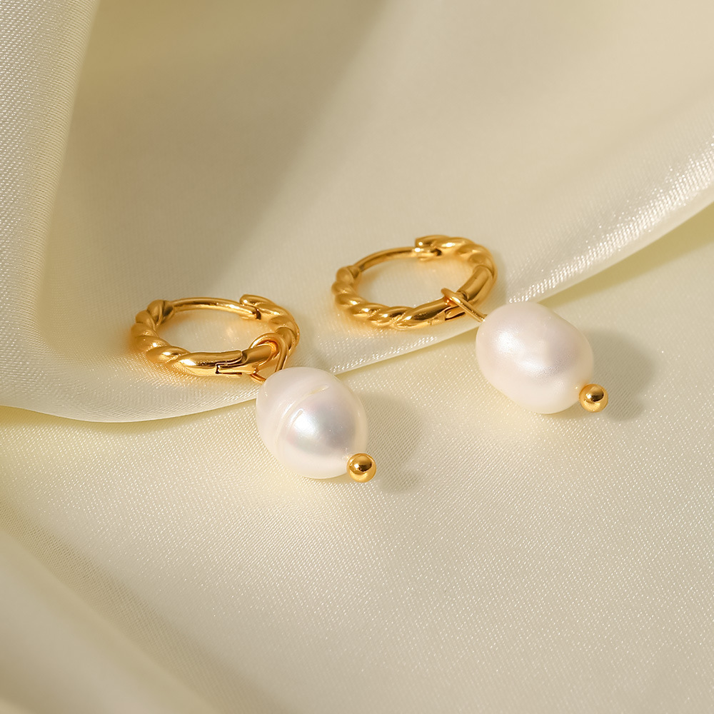 Geometric Pattern Women'S Gender 1 Pair French Style Geometric Twist Ring 316 Stainless Steel Freshwater Pearl PVD Coated Hoop Earrings Drop Earrings