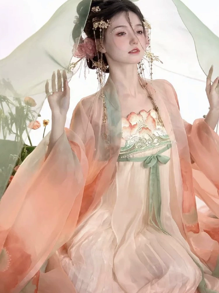 Новая [Yumeiren] оригинальная цельная рубашка и юбка в китайском стиле с большими рукавами с принтом и плиссированной юбкой длиной до груди с вышивкой для женщин в династии Хань.