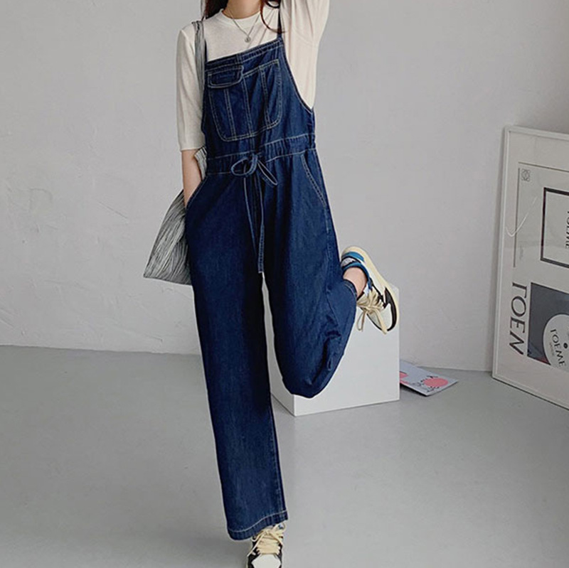 Thin Shoulder Strap Retro Loose Straight Sleeve Pants Women's Age-reducing Jeans Summer and Autumn New Dark Commuter Pants
