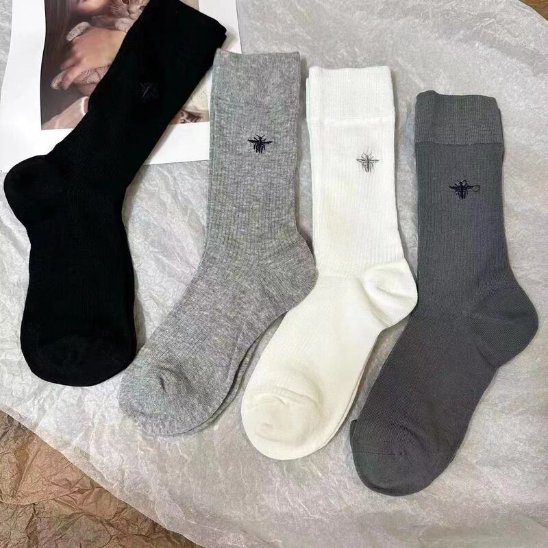 ins Trendy Internet Celebrity Niche Spring and Summer Bee Embroidery Socks Women's Vintage Mid-Tube Gray Cotton Socks Thin Boneless Cotton Socks