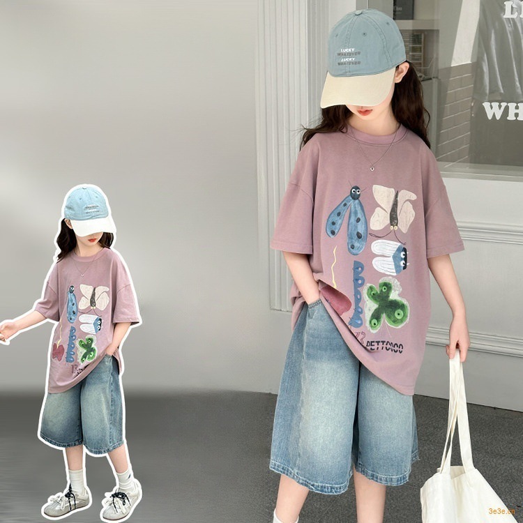 Summer Girls' Short-sleeved T-shirt suit Children's Wear New Style Girls' Denim Half Shorts Two-piece Set Korean Style