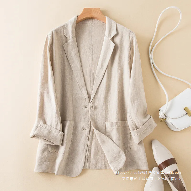 Foreign trade original single-item spring/summer women's clothing, label removed, cotton and linen thin suit jacket, loose casual long-sleeved suit top