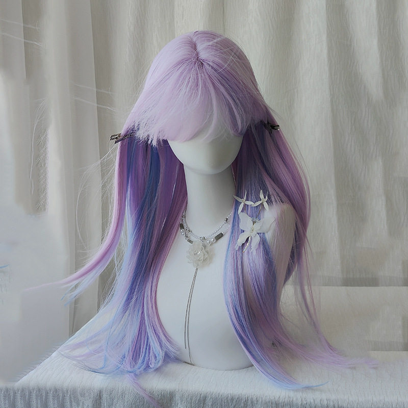 [Lavender] Wig for Women with Purple Highlights and Blue Long Hair with Bangs, Long Straight Hair, Atmospheric Whitening and Natural Full Headgear