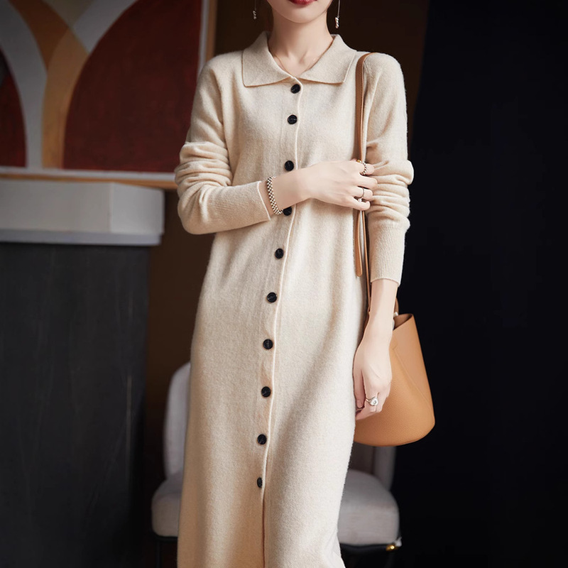 Shirt Collar Long Skirt Women's 2025 Autum Lapel Mid-Length Cardigan European Autum and Winter Bottoming Women's Sweater Dress