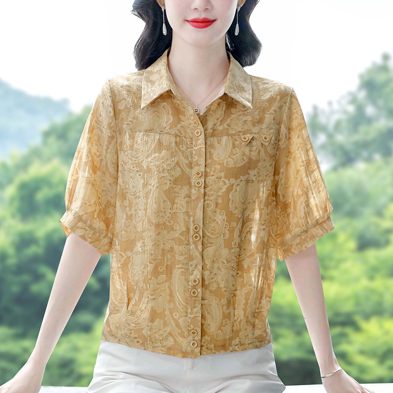 여름 신상 셔츠, 루즈한 플러스 사이즈 엄마복, 패셔너블하고 예쁘고 활용도 높은 쉬폰 셔츠, 여성용 반팔 상의