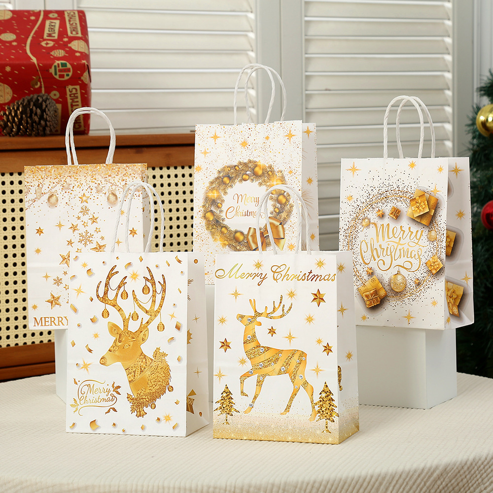 跨境圣诞节印花包装袋节日礼品袋白金卡纸礼物派对蛋糕糖果手提袋