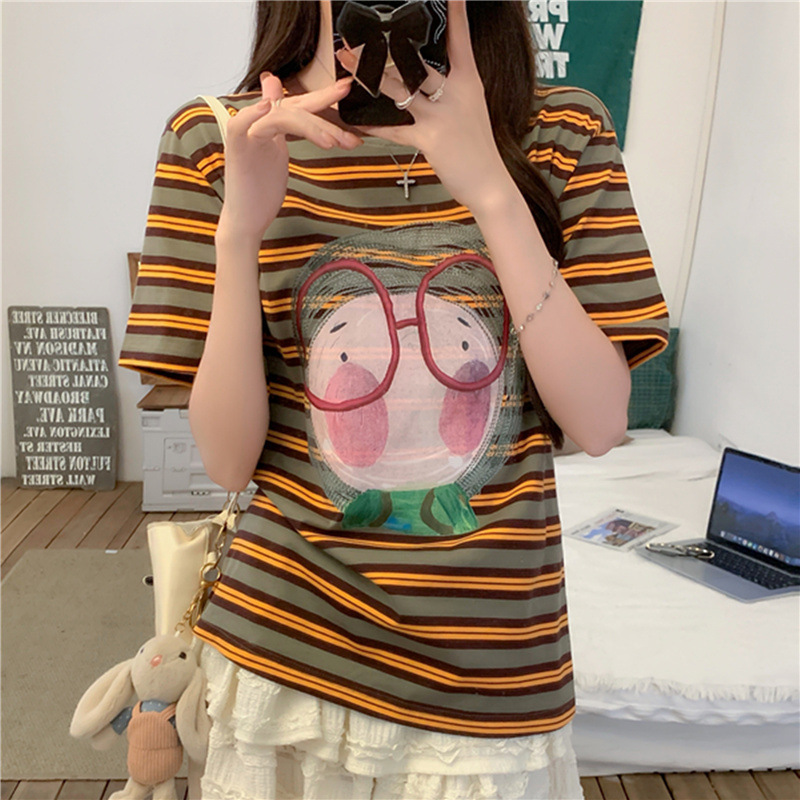 卡通撞色条纹短袖t恤女2025新款夏季美式宽松洋气减龄学院风上衣|undefined