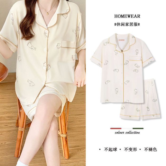 Transfronterizo 180g pijamas de algodón de imitación para mujer rebeca de verano traje de pantalones cortos de manga corta traje de ropa para el hogar de dibujos animados lindo de algodón