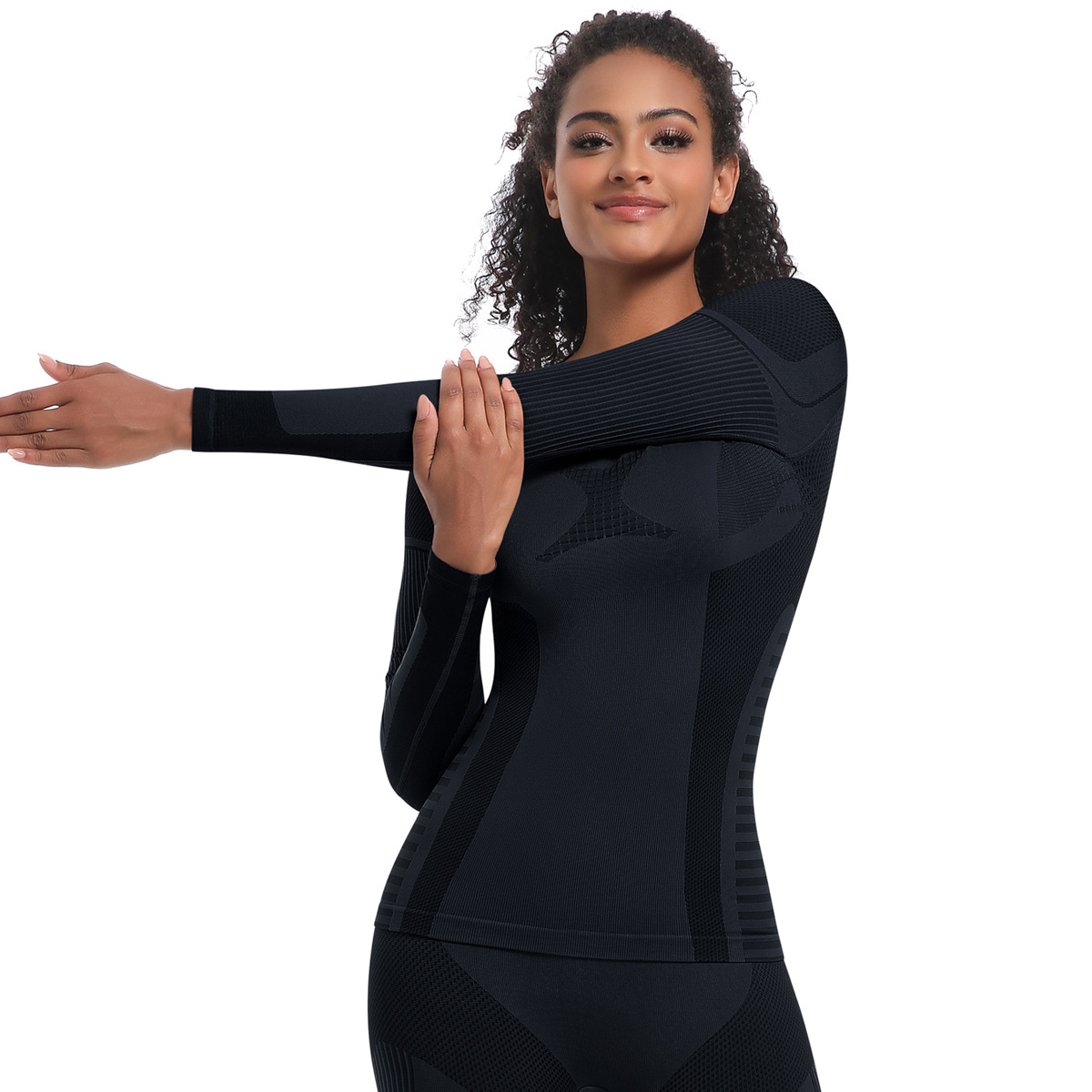 Neu Nahtlose Stricken Engen Hohe Elastische Ski Anzug Langarm Sport Laufen Fitness Yoga Top_voghion.com