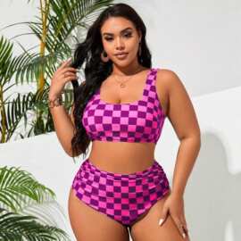 2026亚马逊欧美跨境新款女士大码比基尼时尚格子印花束胸聚拢泳衣
