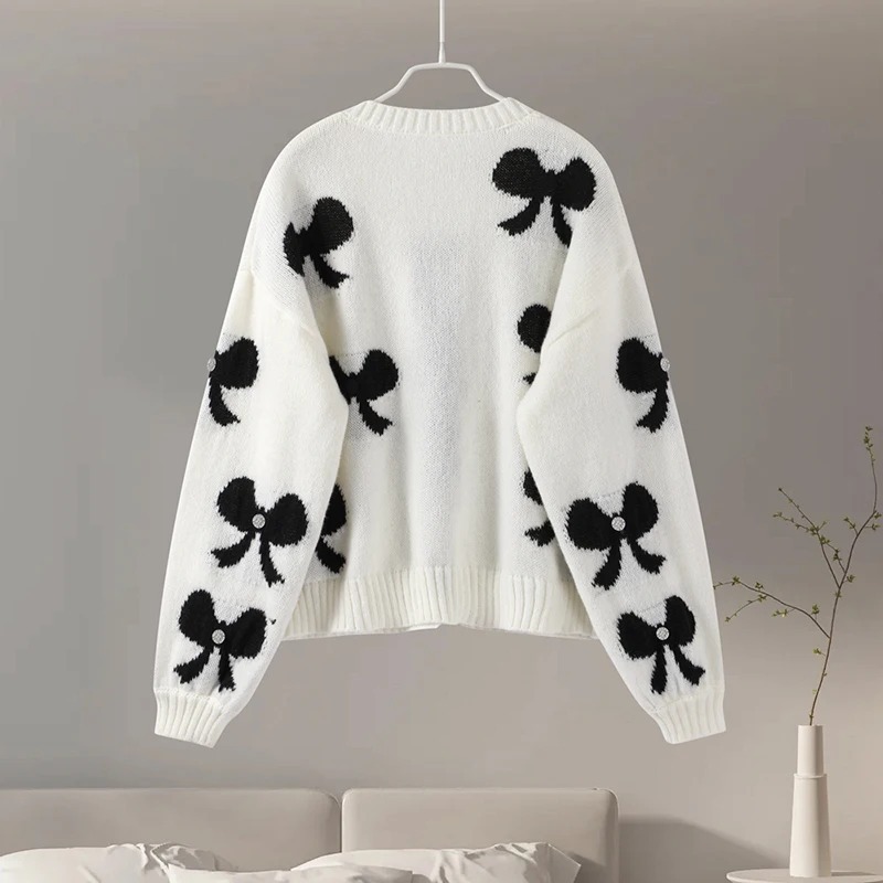 Contrast Binding Function Loose Fit Type Wholesale Women's Elegant Bow Knot Long Sleeve Sweaters & Cardigans