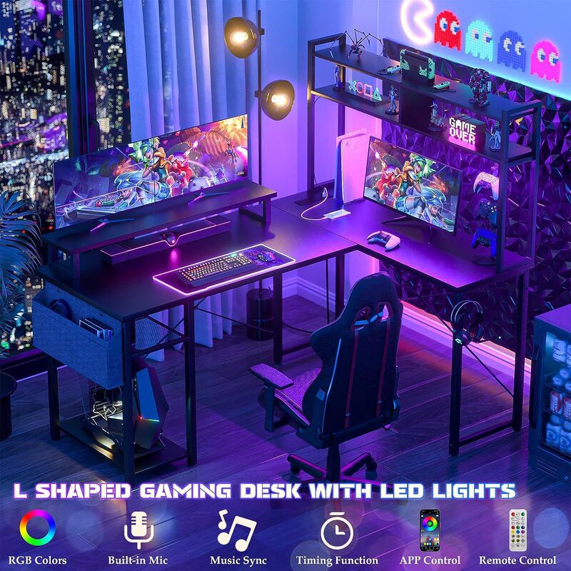 Factory Direct Sale Corner Desk with Storage Pockets, L-Shaped Gaming Desk with Led Lights and Power Outlets, Reversible