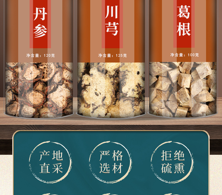 Dan Shen Chuan Xiong Ge Gen Herbal Combination 120g Dried Root Slices for Decoction and Tea overview