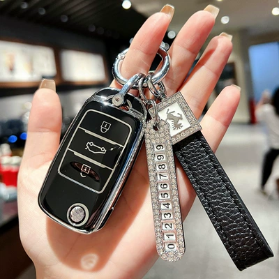 Lumin Key Case, Benben E-Star, Car key bag - changan-folding-premium-black-single-shell-horse-logo-black-diamond-rope-number-plate