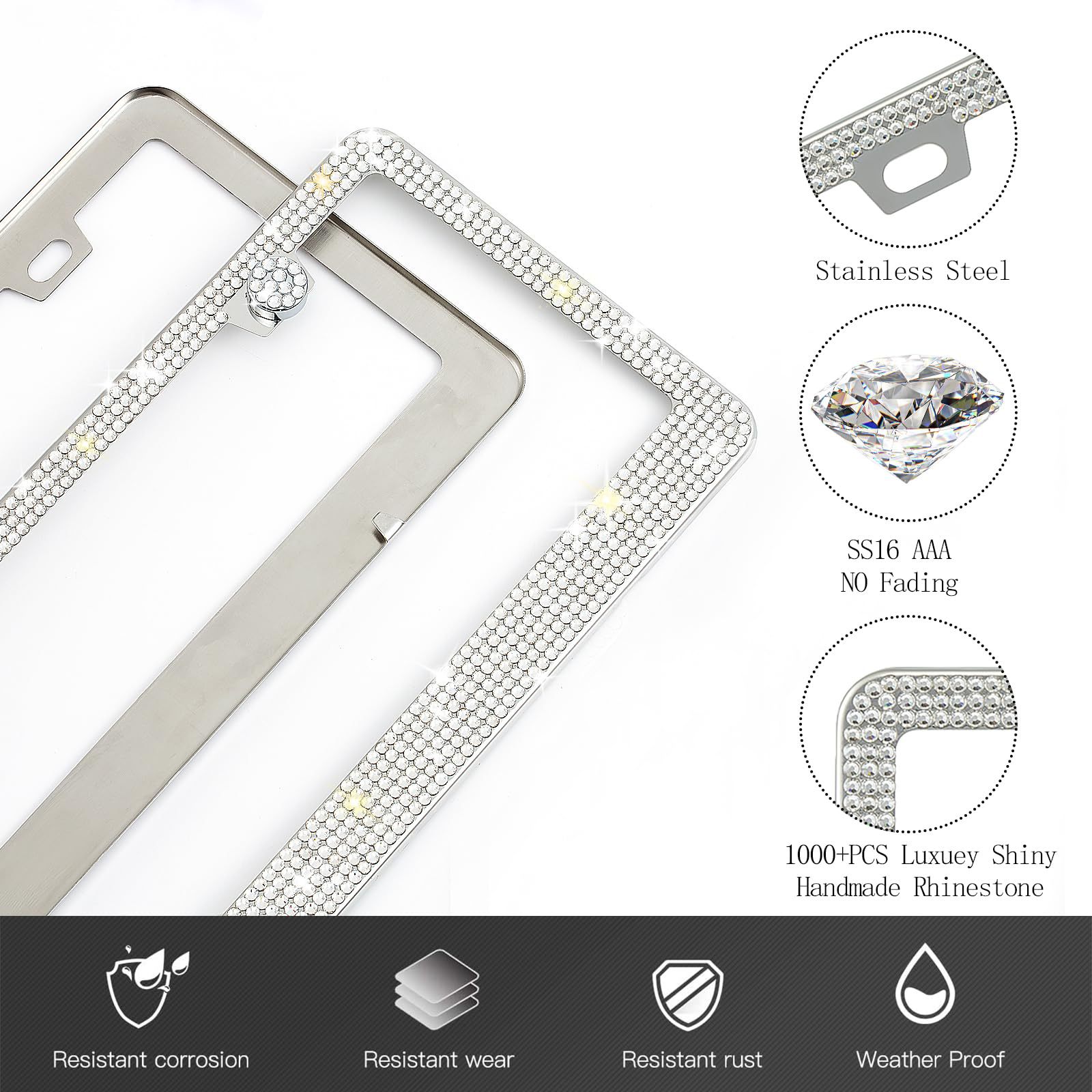 US standard diamond-studded stainless steel car license plate frame, diamond-studded plastic license plate frame, acrylic diamond-studded US standard license plate frame