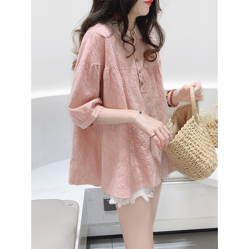 Foreign Trade Japanese Original Export Tail Goods Women's Lace Lapel Jacquard Linen Top Cotton and Linen Short-sleeved Shirt