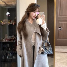 2025秋冬新款高级感灰色毛呢外套女中长款双面羊绒呢子大衣赫本风