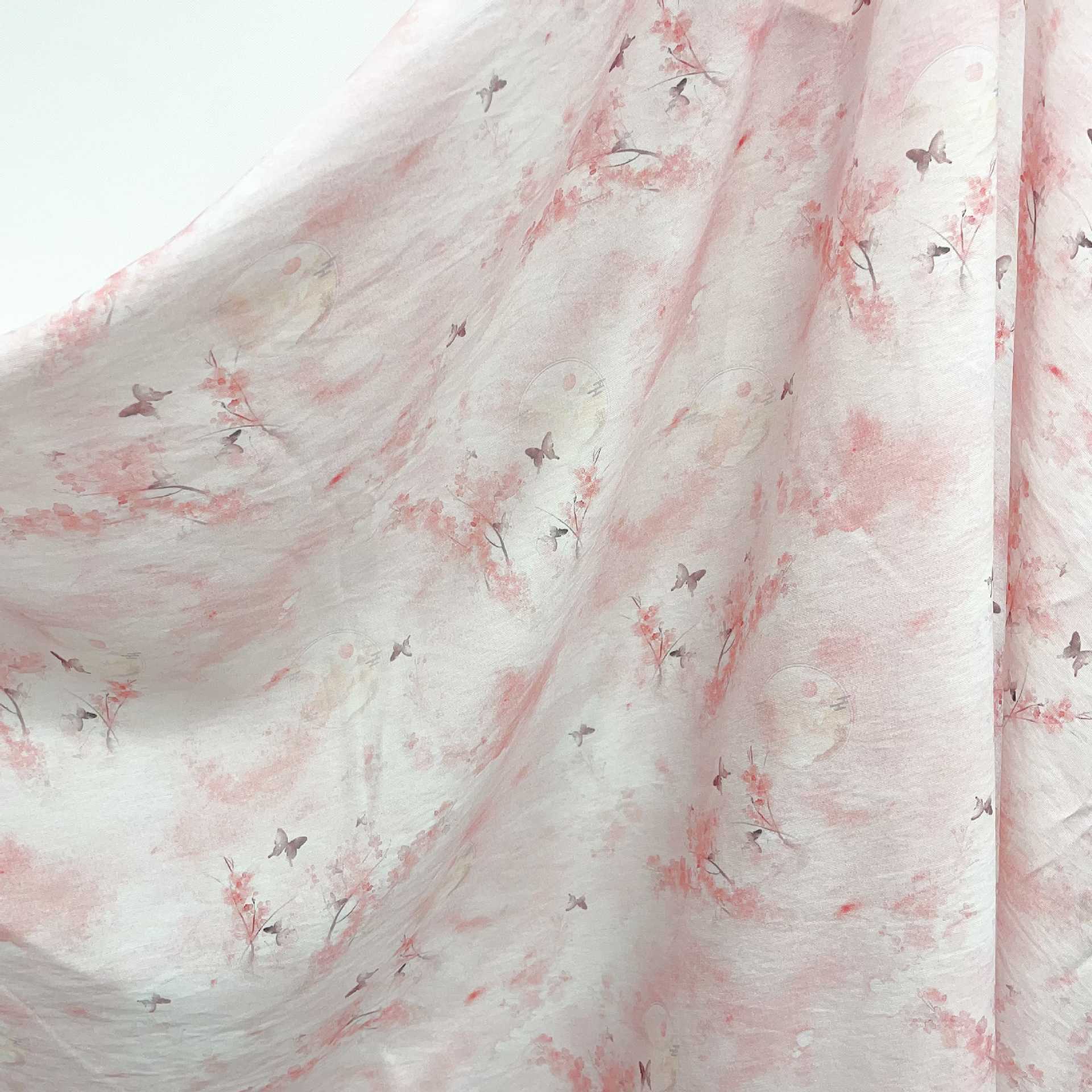 国风粉色小碎花印花苎麻面料人棉印花现货