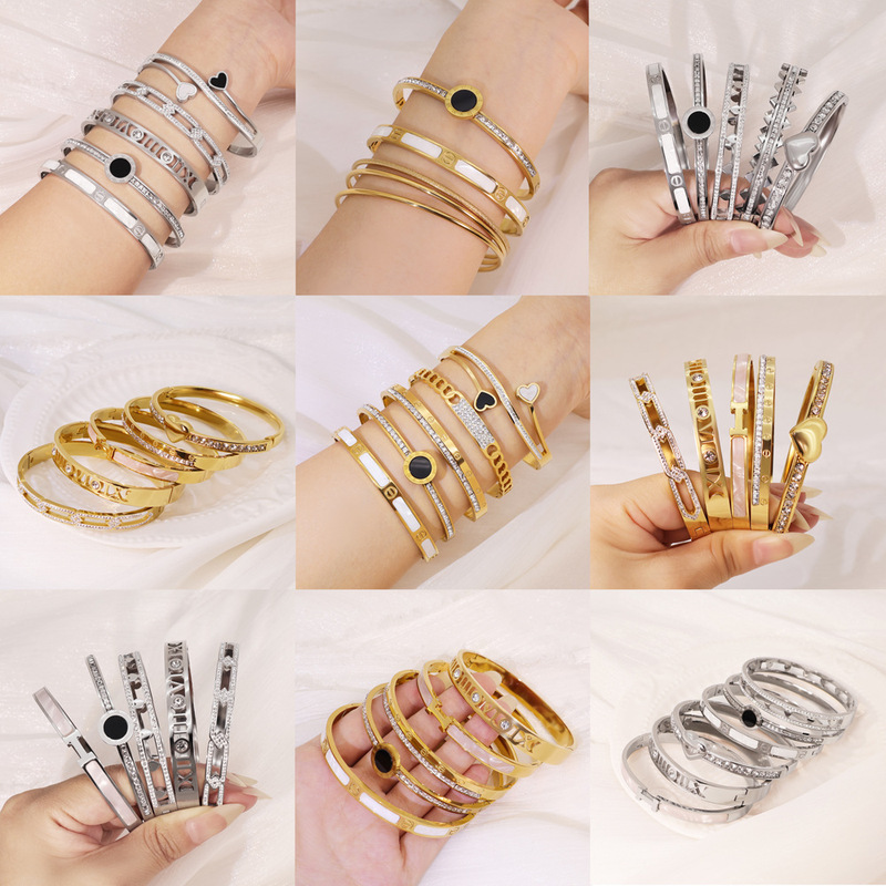 Cross-Border Hot Selling Fashion Titanium Steel Bracelet with Diamond Design Versatile Bracelet Bracelet New Roman Numeral Bracelet for Women