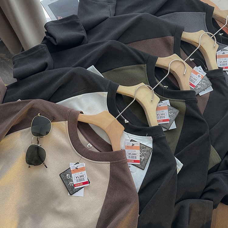 High-weight double-sided velvet! Autumn/Winter new casual color-blocked drop-shoulder round neck long-sleeve T-shirt base shirt for men and women trendy