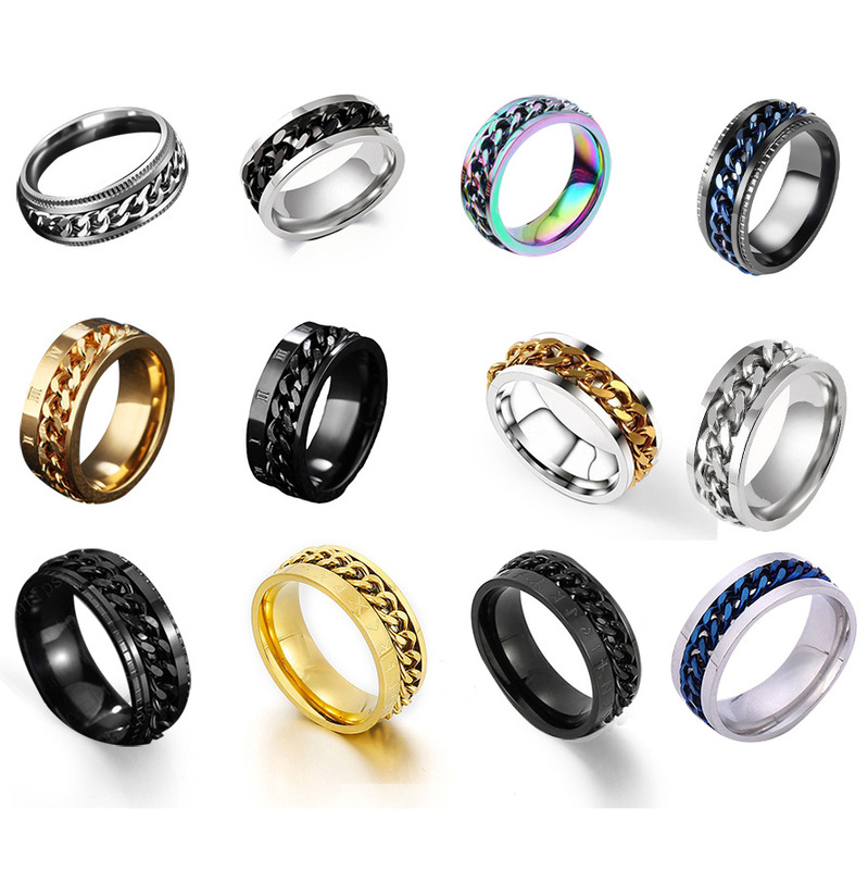 Cross-Border Stainless Steel Jewelry with Embossed Pattern, Rotatable Chain, Bottle Opener, Titanium Steel Ring, Men's Style, Bottle Opener with Diamond